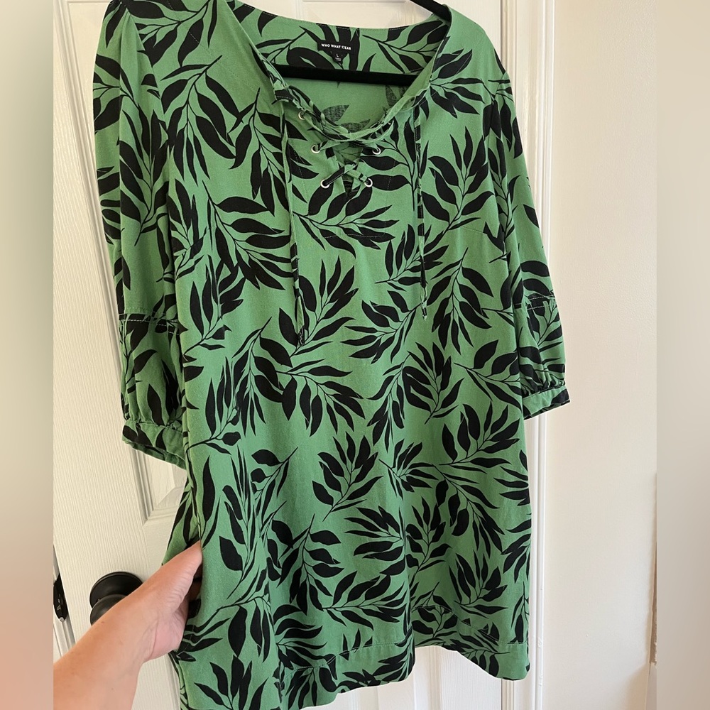 Linen rayon dress size L.  Ample room in this one.  34” length.  Front pockets.